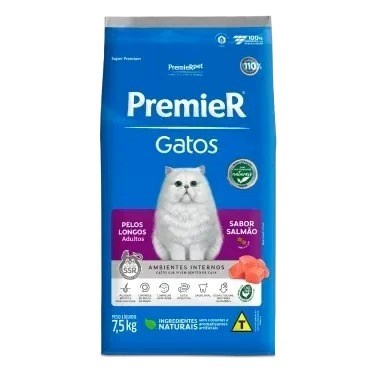 Ração Premier Ambientes Internos Gatos Adultos Pelos Longos Salmão 7,5kg