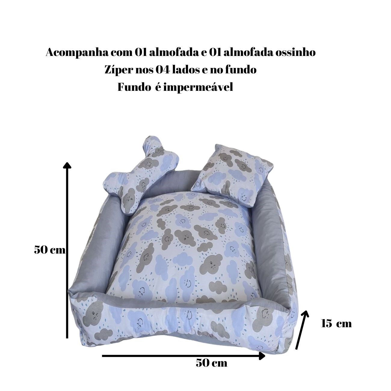 Cama Impermeável Média Quadrada Onix para Petes – Azul Bebê Nuvem