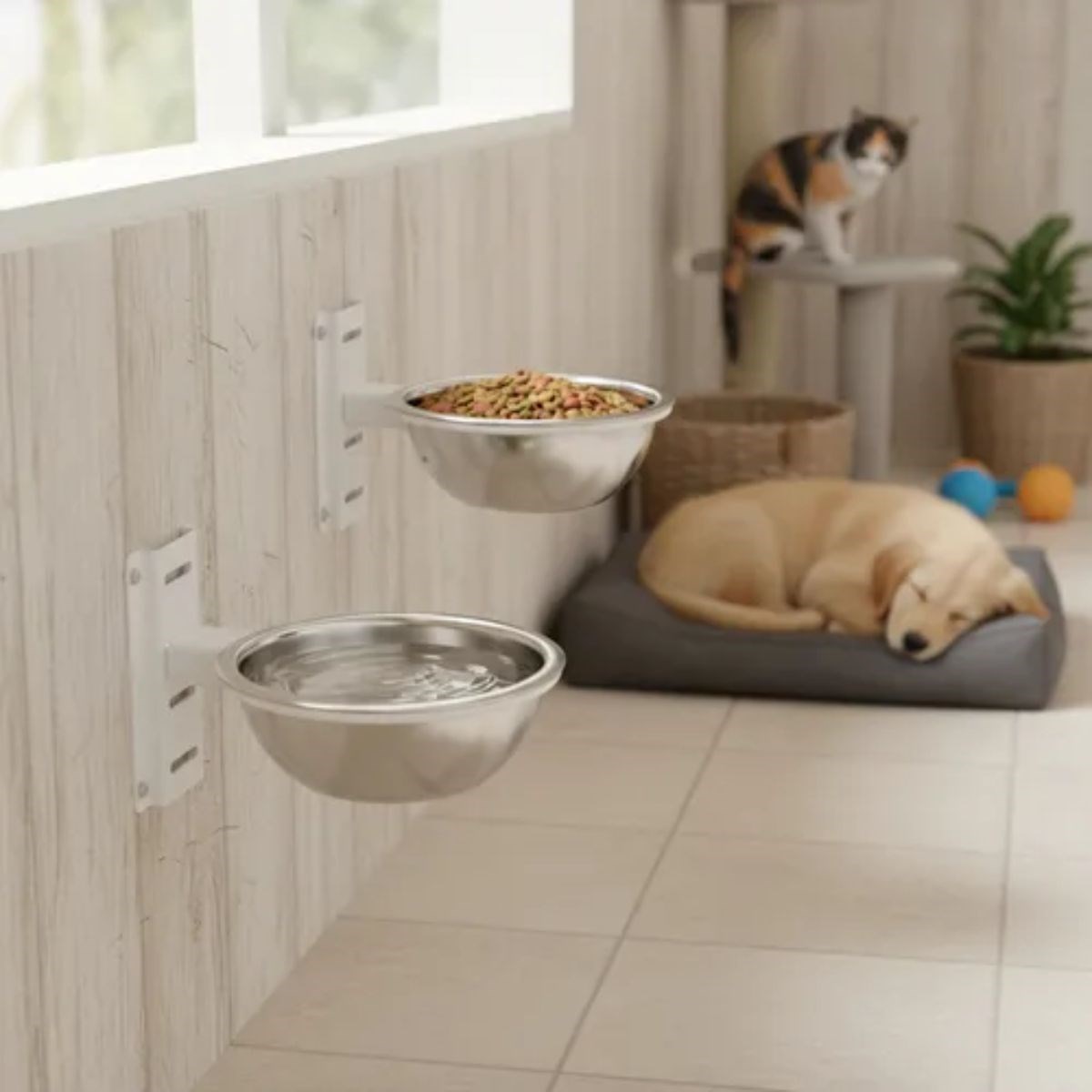 Kit Comedouro E Bebedouro Ajustável De Parede Cães E Gatos - Branco 