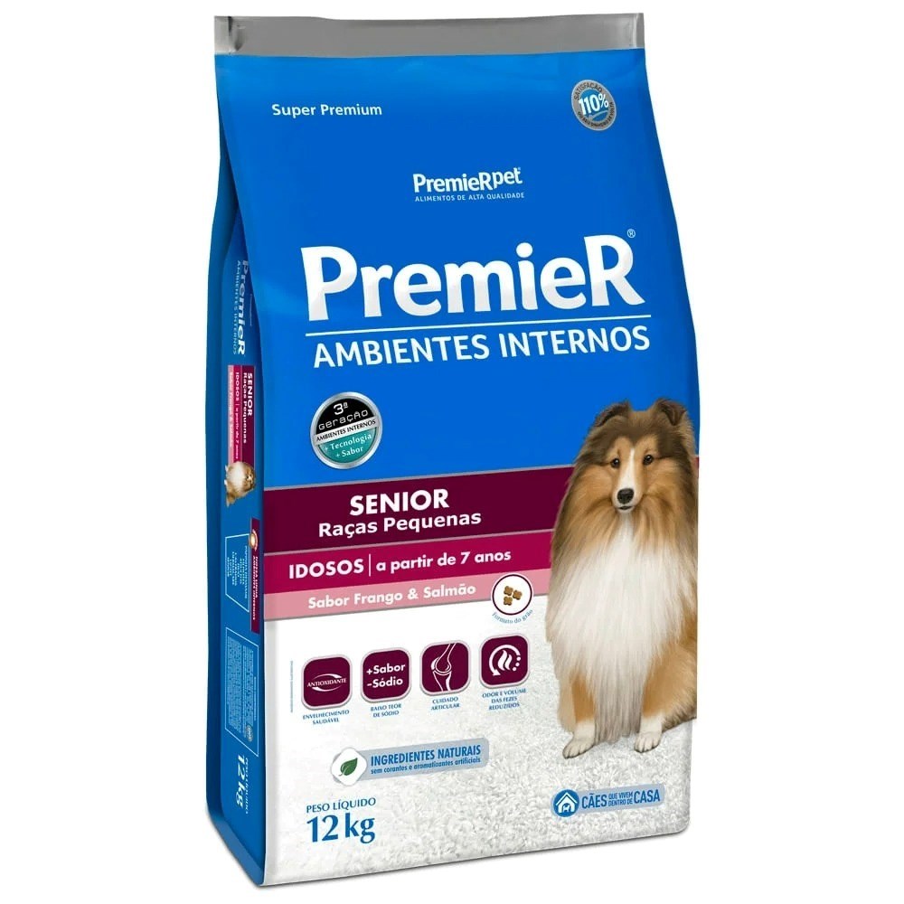 Ração Premier Amb. Int. Cão Sênior Raças Pequenas Frango e Salmão 12kg