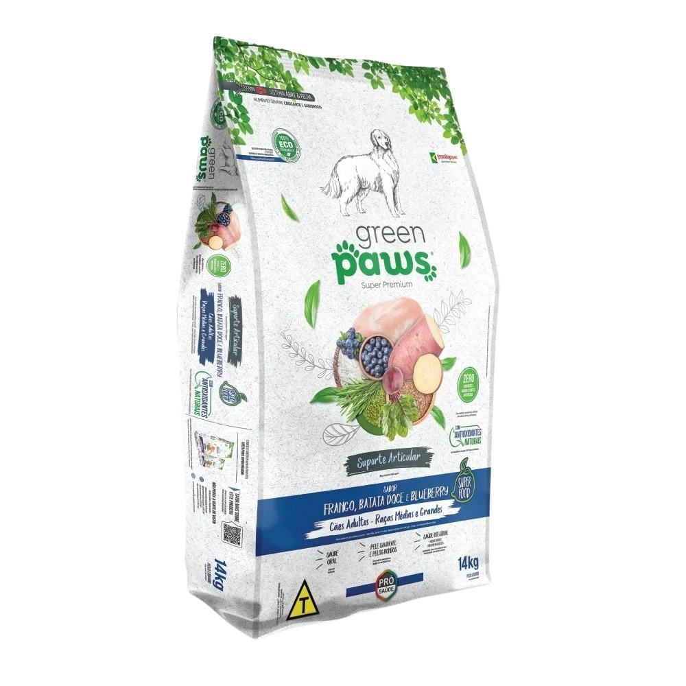 Ração Green Paws Cães Adultos Raças Médias e Grandes Frango , Batata Doce e Blueberry 14kg