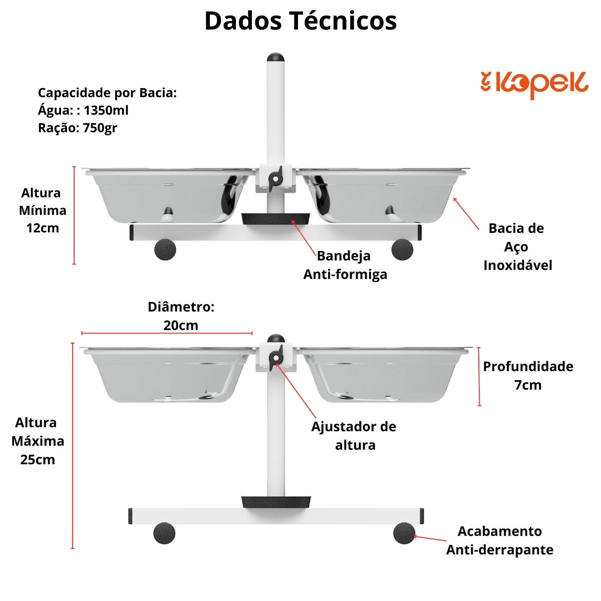 Comedouro e Bebedouro Anti-Formiga  Ajustável - Tigelas Inox Grande - Branco