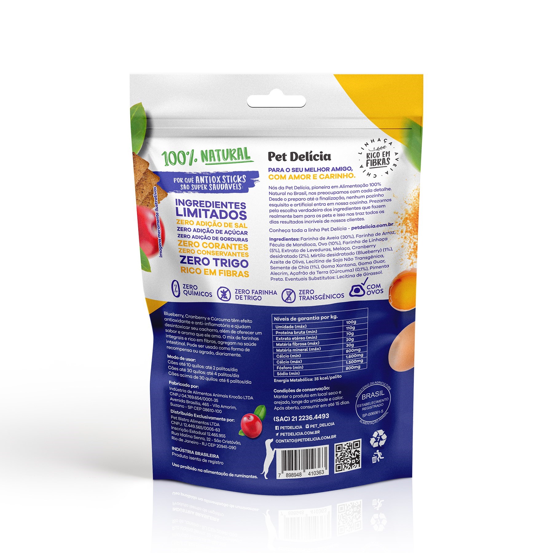 Petisco Natural Pet Delícia Antiox Sticks Blueberry, Cranberry e Cúrcuma para Cão 120g