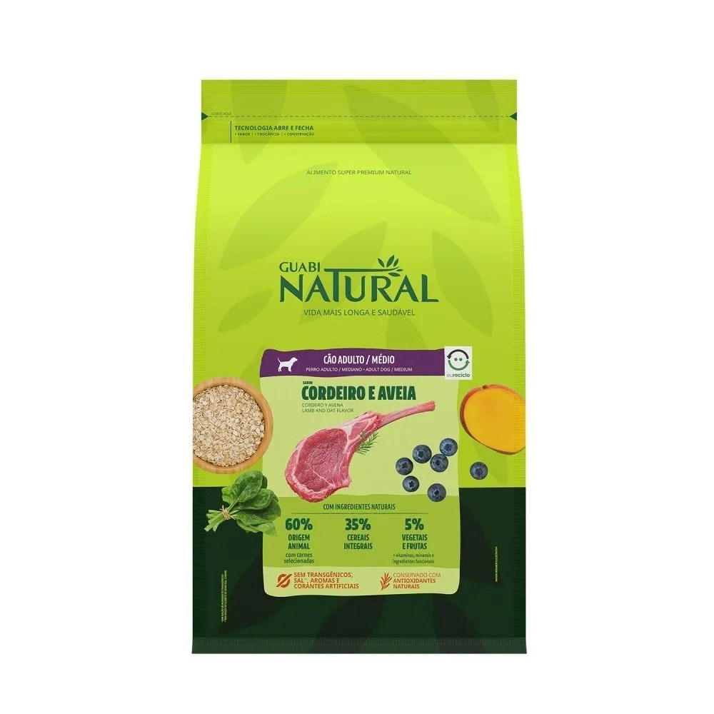 Ração Guabi Natural Cão Adulto Raças Médias Cordeiro e Aveia 12kg