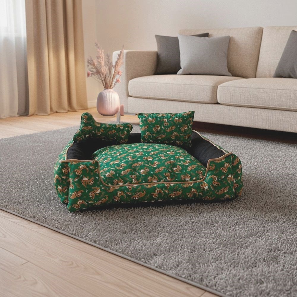 Cama Pet Extra Grande Impermeável Lavável Quadrada Cor Verde Dino