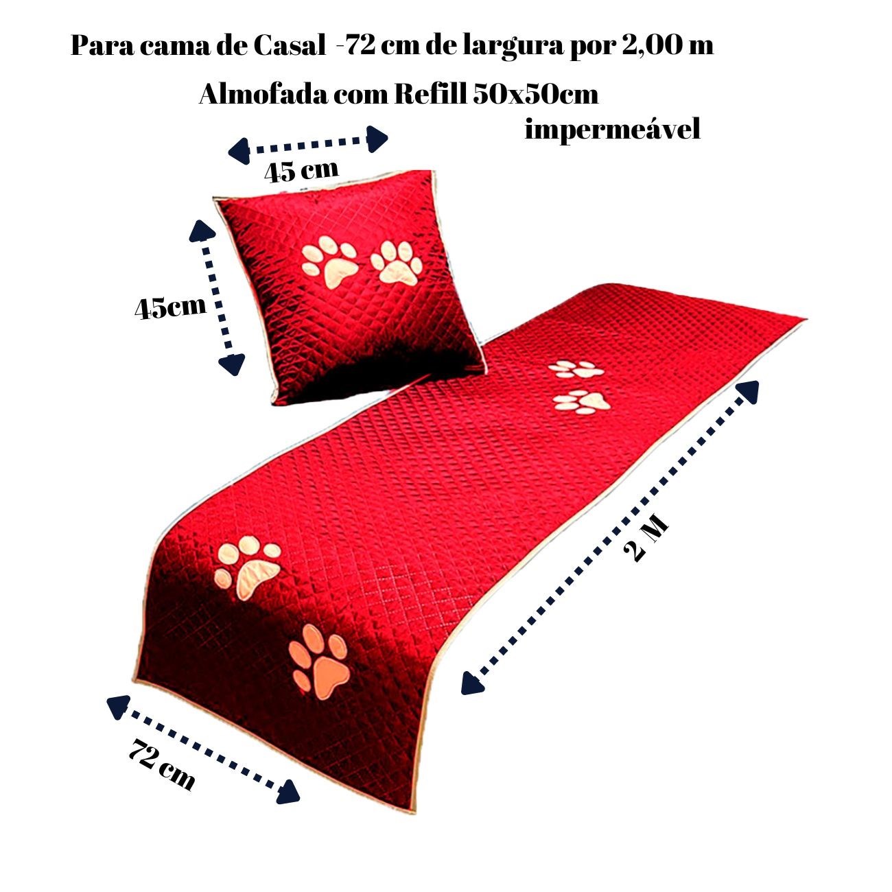Kit 3 Peças Peseira e  Almofada Cheia Impermeável para Pet Vermelho Cama de Casal