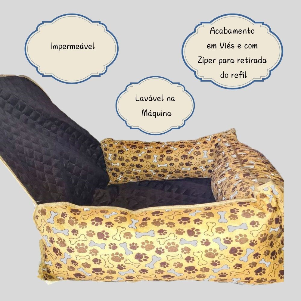 Cama e Capa Protetora 2 em 1 Impermeável para Assento Traseiro Veicular Grande Marrom Estampado